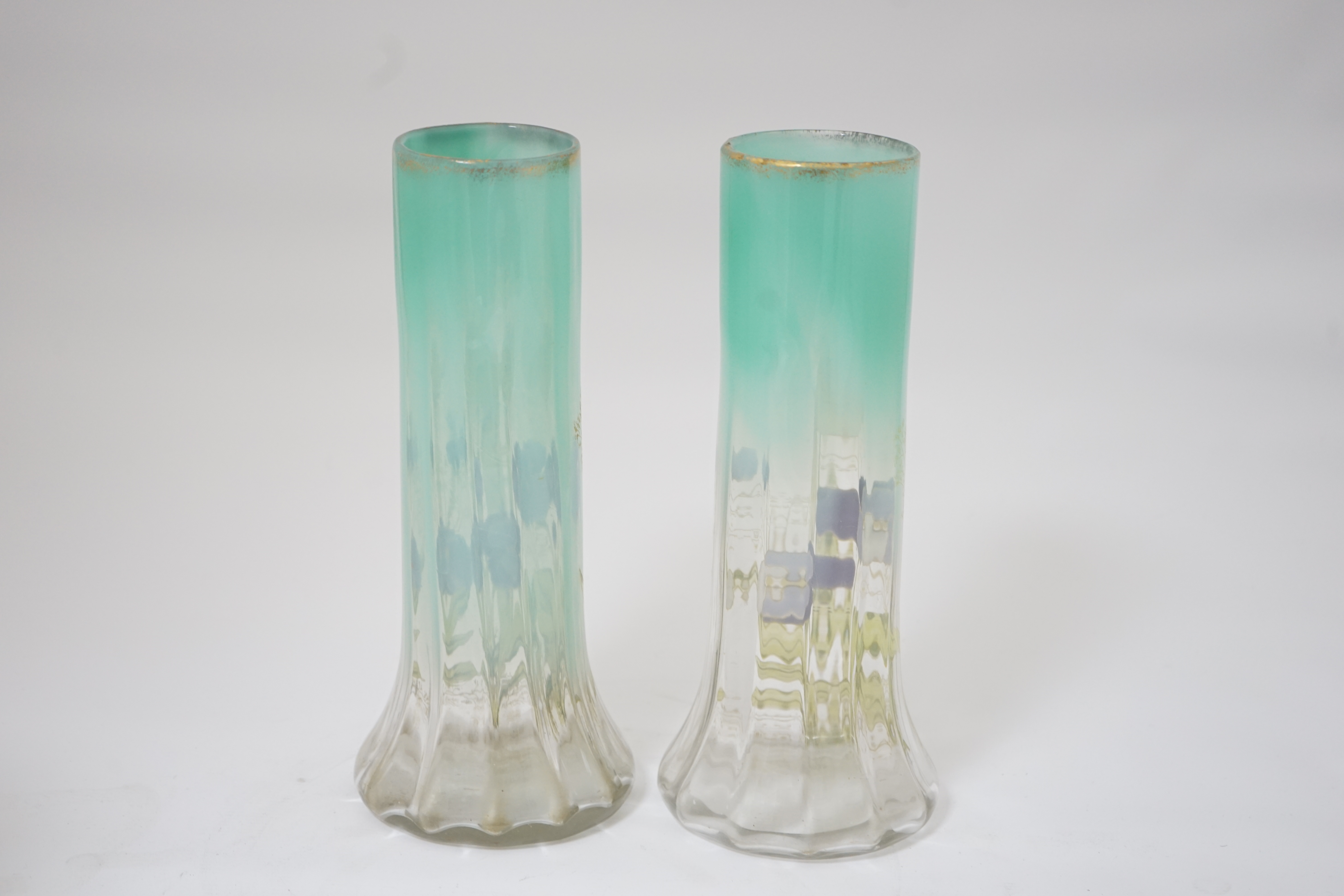 A pair of Bohemian ‘pansy’ enamelled glass vases, Moser, late 19th century, 29.8cm